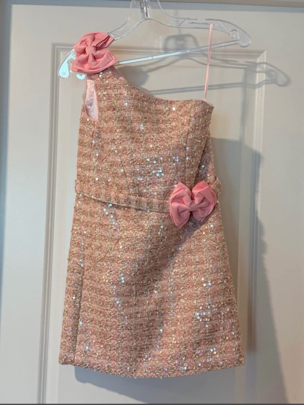Ashley Lauren Girls' Pink Sequin Tweed One-Shoulder Dress
